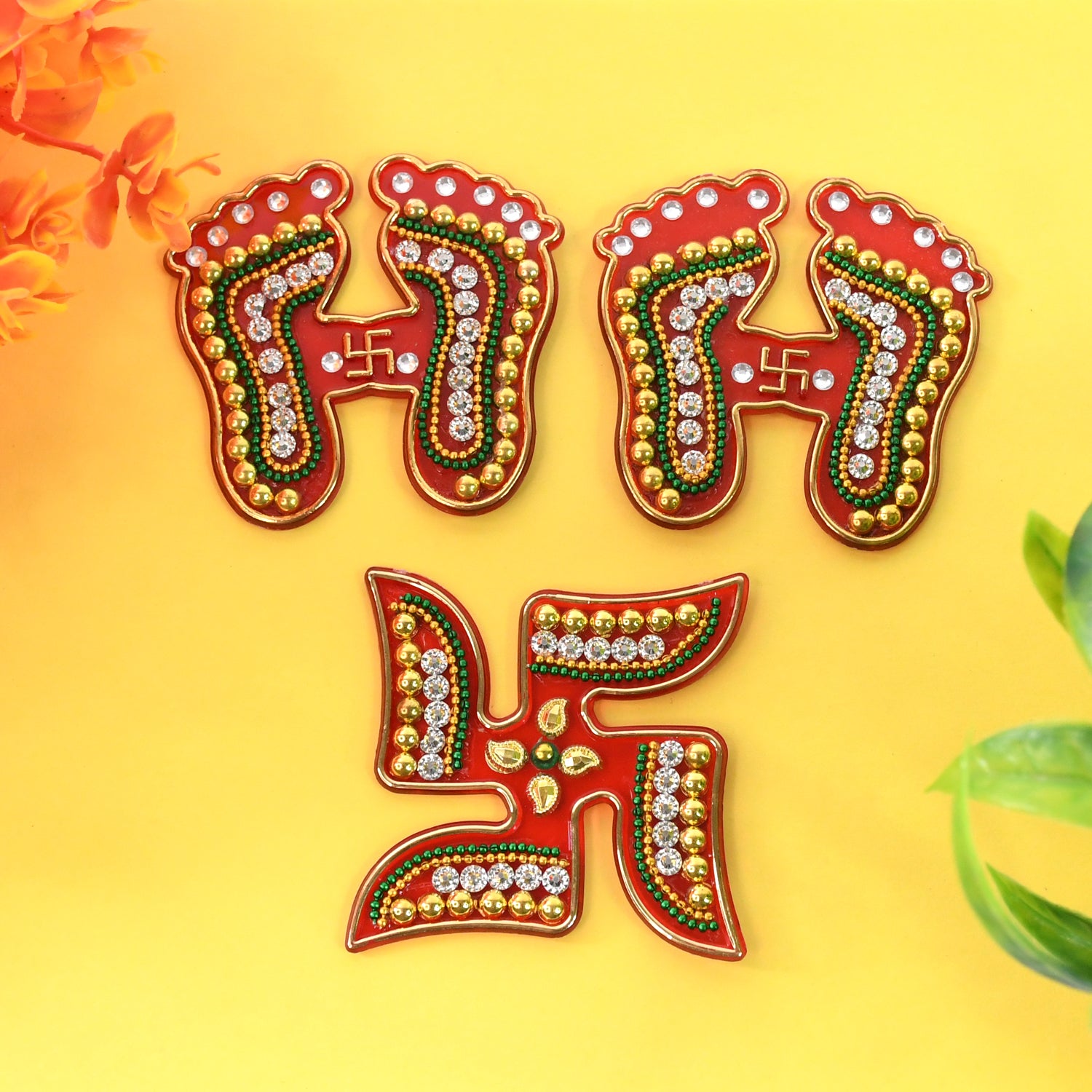 Decorative Laxmi Charan (Pagla)  Swastik Combo Set (3pc Set)